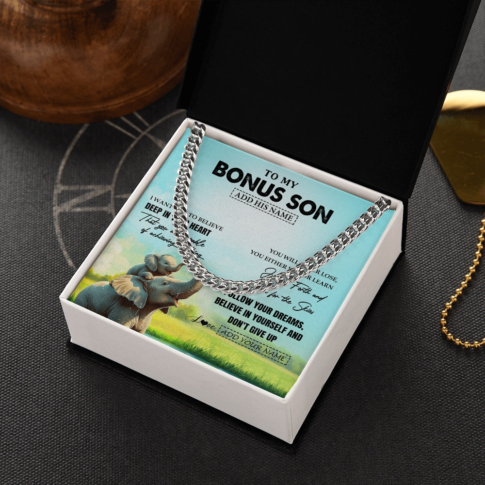 Cuban Link Chain Necklace Stainless Steel | 2 | Personalized To My Bonus Son Gifts From Stepmom Stepdad Necklace Don't Give Up Elephant Gifts For Stepson Birthday Graduation Christmas Gift Box Message Card | https://teecentury.