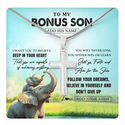 Stainless Cross Necklace Stainless Steel | 1 | Personalized To My Bonus Son Gifts From Stepmom Stepdad Necklace Don't Give Up Elephant Gifts For Stepson Birthday Graduation Christmas Gift Box Message Card | https://teecentury.