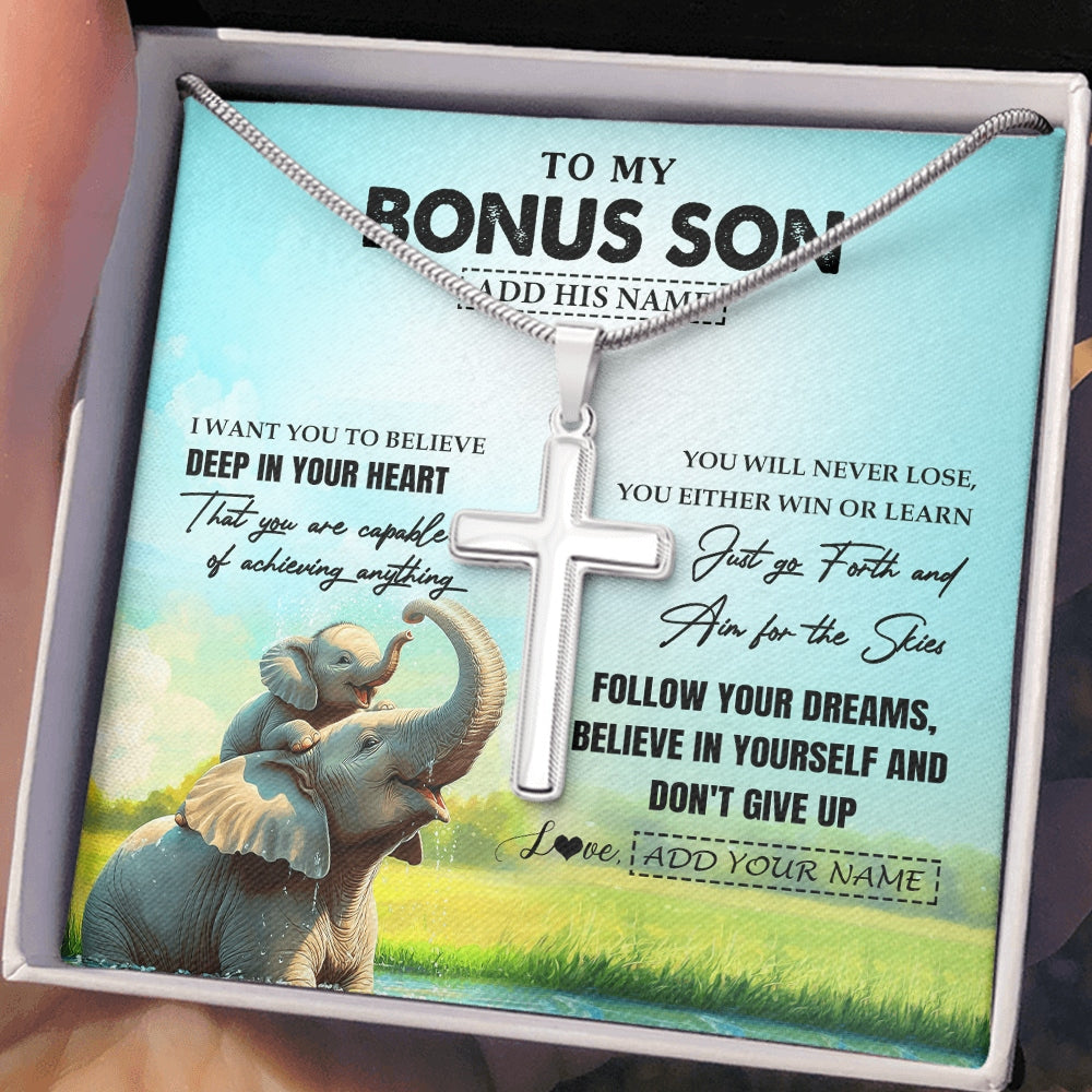 Stainless Cross Necklace Stainless Steel | 2 | Personalized To My Bonus Son Gifts From Stepmom Stepdad Necklace Don't Give Up Elephant Gifts For Stepson Birthday Graduation Christmas Gift Box Message Card | https://teecentury.