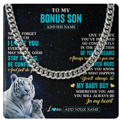 Cuban Link Chain Necklace Stainless Steel | 1 | Personalized To My Bonus Son Gifts From Stepmom Stepdad Necklace White Tiger Never Forget How Much I Love You Stepson Birthday Christmas Gift Box Message Card | teecentury.myshopify