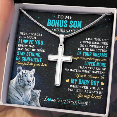 Stainless Cross Necklace Stainless Steel | 2 | Personalized To My Bonus Son Gifts From Stepmom Stepdad Necklace White Tiger Never Forget How Much I Love You Stepson Birthday Christmas Gift Box Message Card | teecentury.myshopify