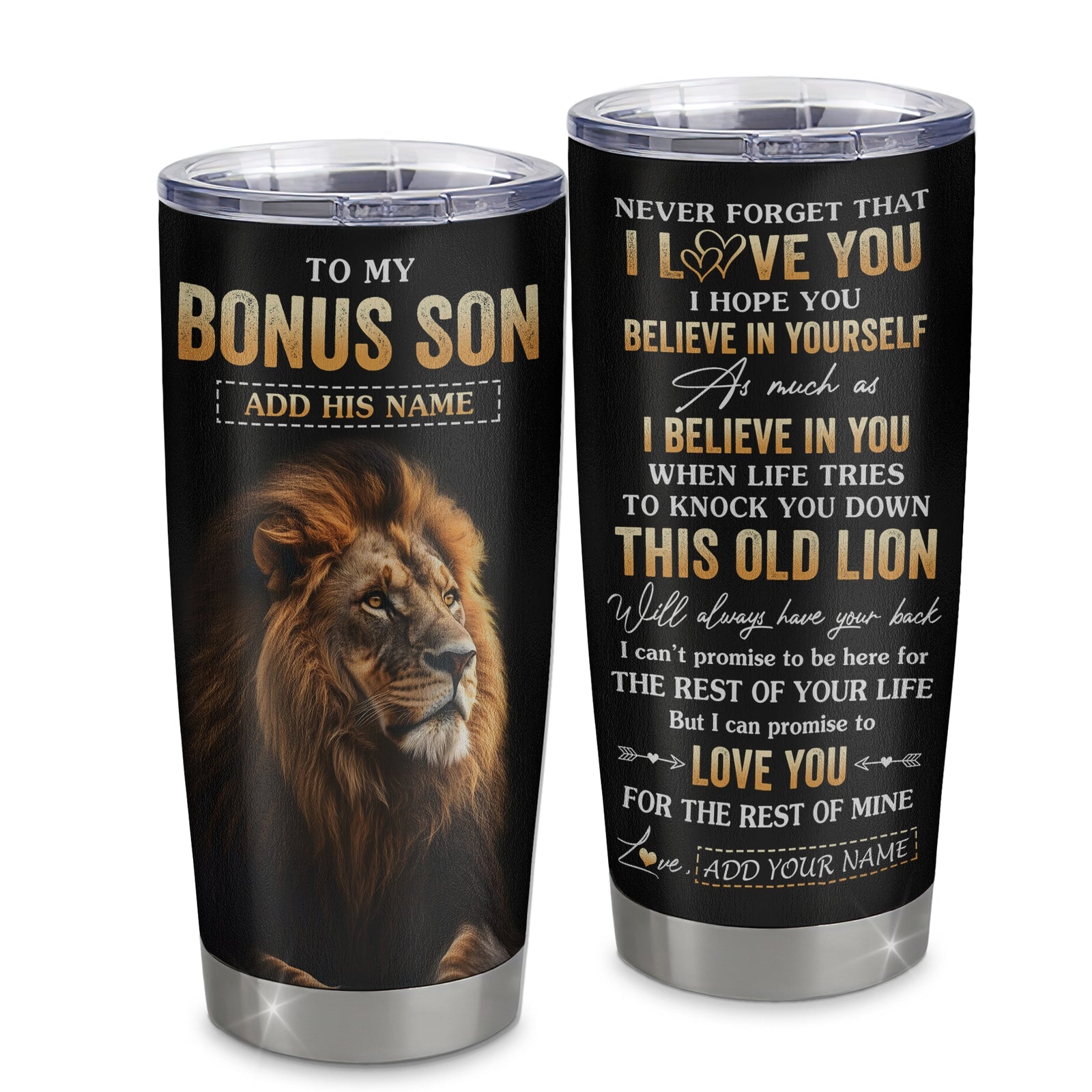 Personalized To My Bonus Son Gifts From Stepmom Stepdad Tumbler Old Lion Love You Stepson Birthday Gifts Graduation Christmas Custom Stainless Steel Cup Travel Mug | teecentury