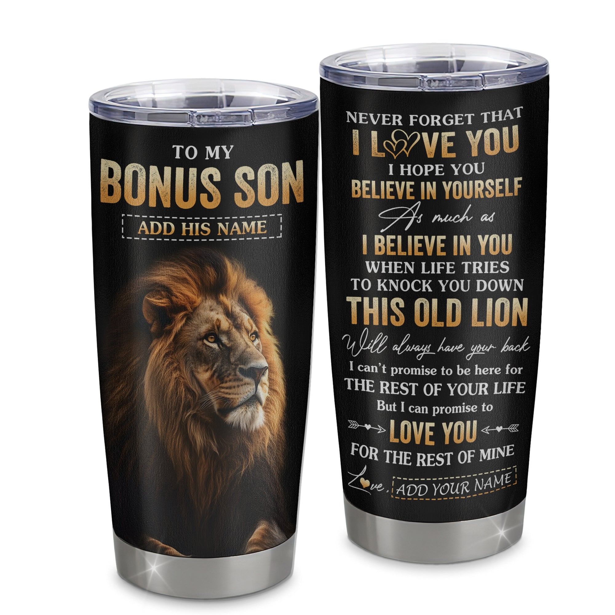 Personalized To My Bonus Son Gifts From Stepmom Stepdad Tumbler Old Lion Love You Stepson Birthday Gifts Graduation Christmas Custom Stainless Steel Cup Travel Mug | teecentury