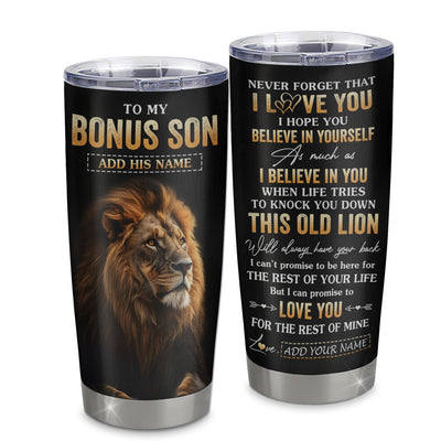 Personalized To My Bonus Son Gifts From Stepmom Stepdad Tumbler Old Lion Love You Stepson Birthday Gifts Graduation Christmas Custom Stainless Steel Cup Travel Mug | teecentury