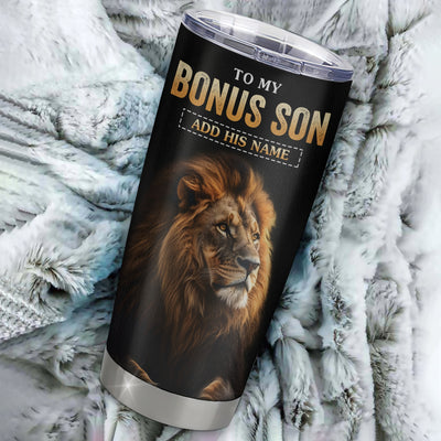 Personalized To My Bonus Son Gifts From Stepmom Stepdad Tumbler Old Lion Love You Stepson Birthday Gifts Graduation Christmas Custom Stainless Steel Cup Travel Mug | teecentury