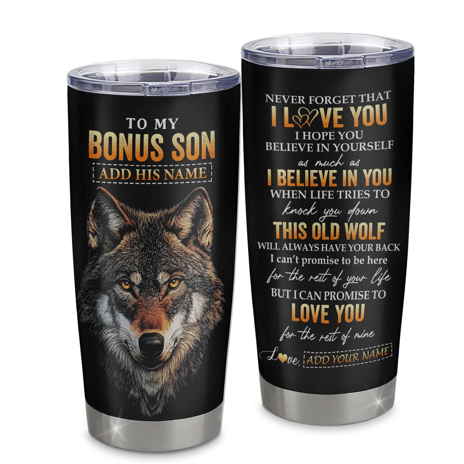 Personalized To My Bonus Son Gifts From Stepmom Stepdad Tumbler Old Wolf Love You Stepson Birthday Gifts Graduation Christmas Custom Stainless Steel Cup Travel Mug | teecentury