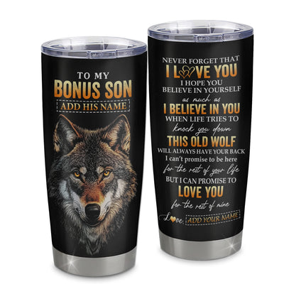 Personalized To My Bonus Son Gifts From Stepmom Stepdad Tumbler Old Wolf Love You Stepson Birthday Gifts Graduation Christmas Custom Stainless Steel Cup Travel Mug | teecentury