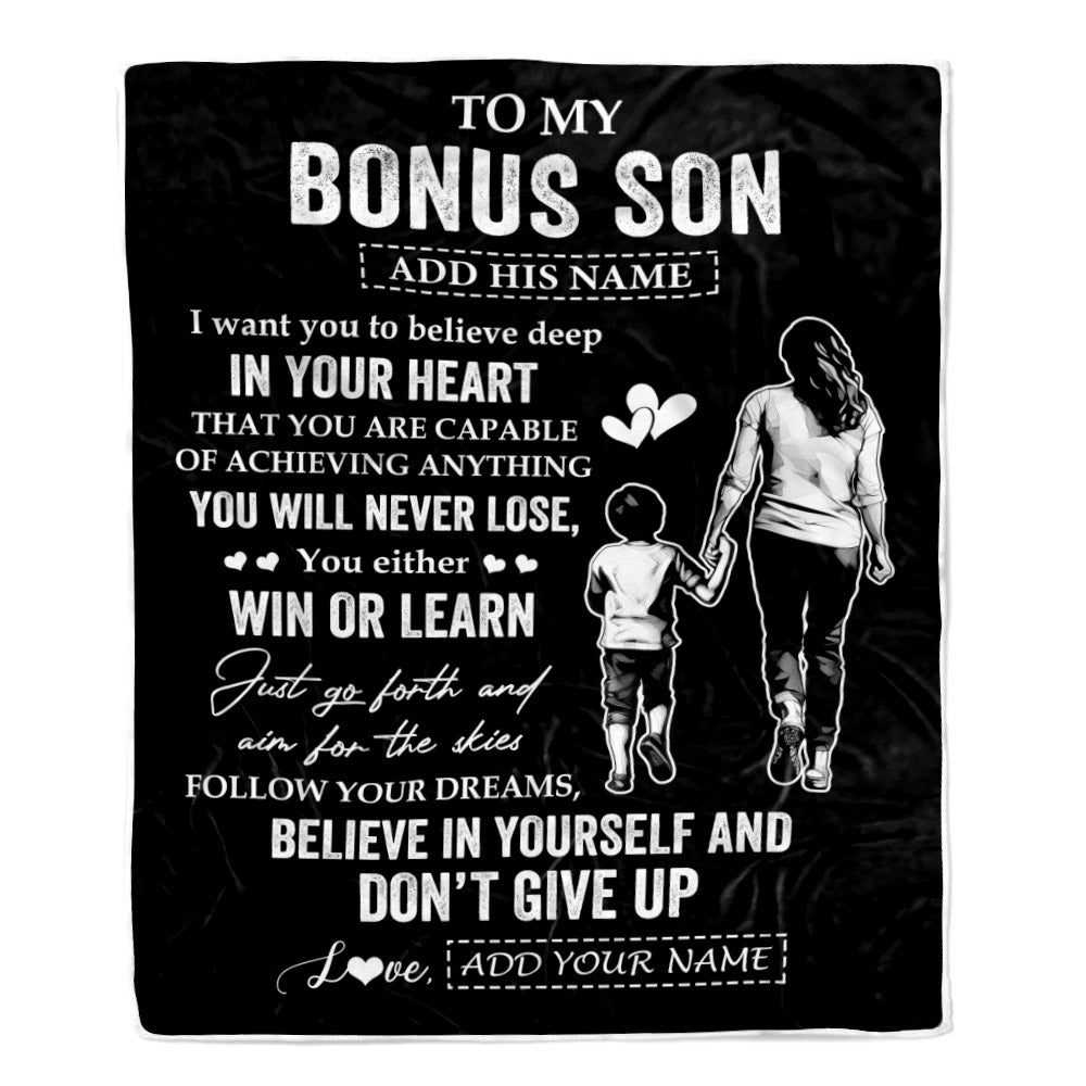 Personalized To My Bonus Son Gifts From Stepmother Blanket Don't Give Up Stepmom Gifts For Stepson Birthday Graduation Christmas Customized Fleece Blanket | teecentury