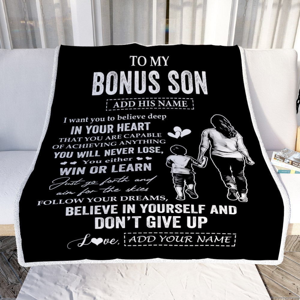 Personalized To My Bonus Son Gifts From Stepmother Blanket Don't Give Up Stepmom Gifts For Stepson Birthday Graduation Christmas Customized Fleece Blanket | teecentury