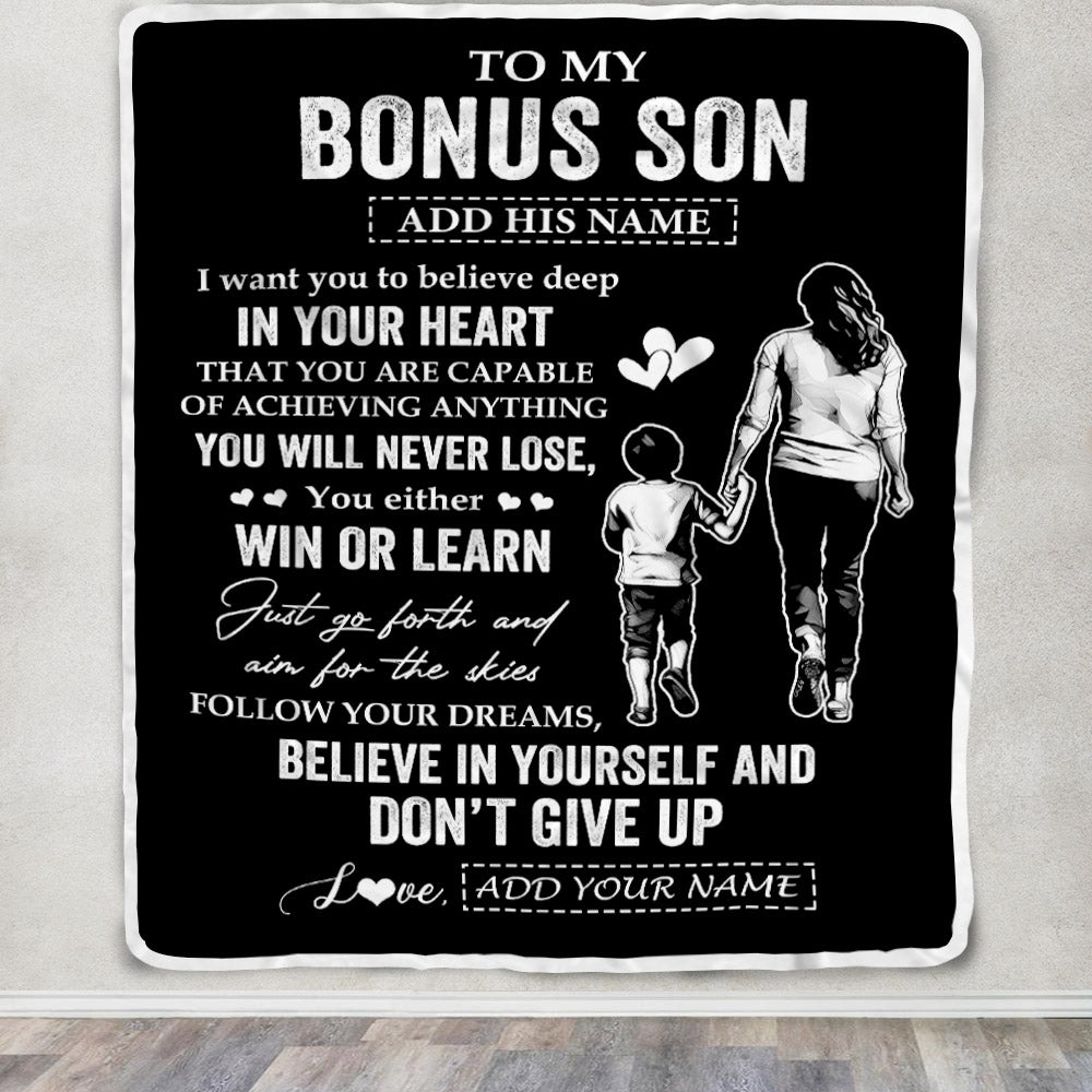 Personalized To My Bonus Son Gifts From Stepmother Blanket Don't Give Up Stepmom Gifts For Stepson Birthday Graduation Christmas Customized Fleece Blanket | teecentury