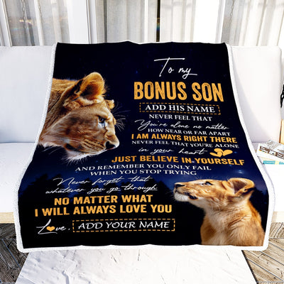 Personalized To My Bonus Son Gifts From Stepmother Blanket Lion Never Feel Alone Birthday Gifts Stepson Graduation Valentines Christmas Custom Fleece Blanket | teecentury