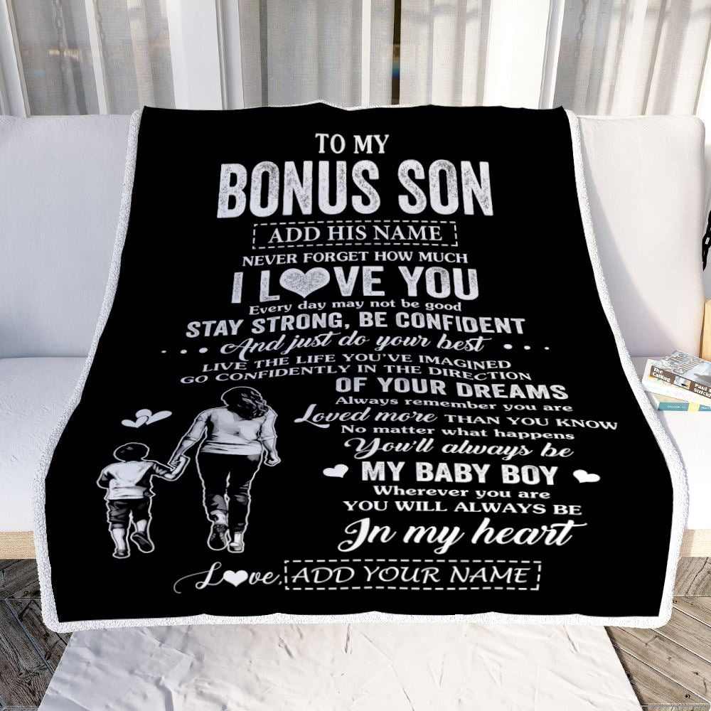 Personalized To My Bonus Son Gifts From Stepmother Blanket Never Forget How Much I Love You Stepson Birthday Graduation Christmas Customized Fleece Blanket | teecentury