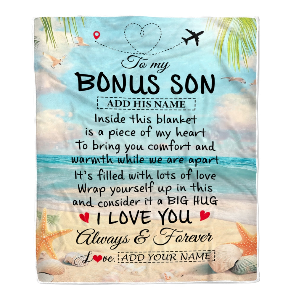 Personalized To My Bonus Son Gifts From Stepmother Dad Blanket Beach I Love You Birthday Gifts Graduation For Stepson Christmas Fleece Blanket | teecentury