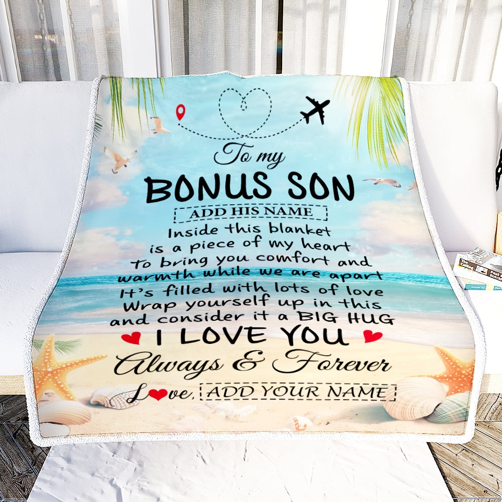 Personalized To My Bonus Son Gifts From Stepmother Dad Blanket Beach I Love You Birthday Gifts Graduation For Stepson Christmas Fleece Blanket | teecentury