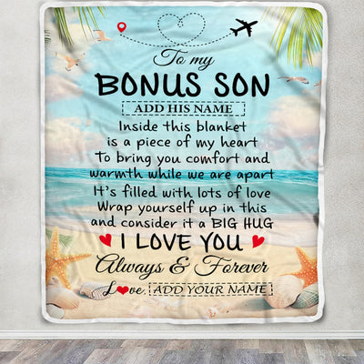 Personalized To My Bonus Son Gifts From Stepmother Dad Blanket Beach I Love You Birthday Gifts Graduation For Stepson Christmas Fleece Blanket | teecentury