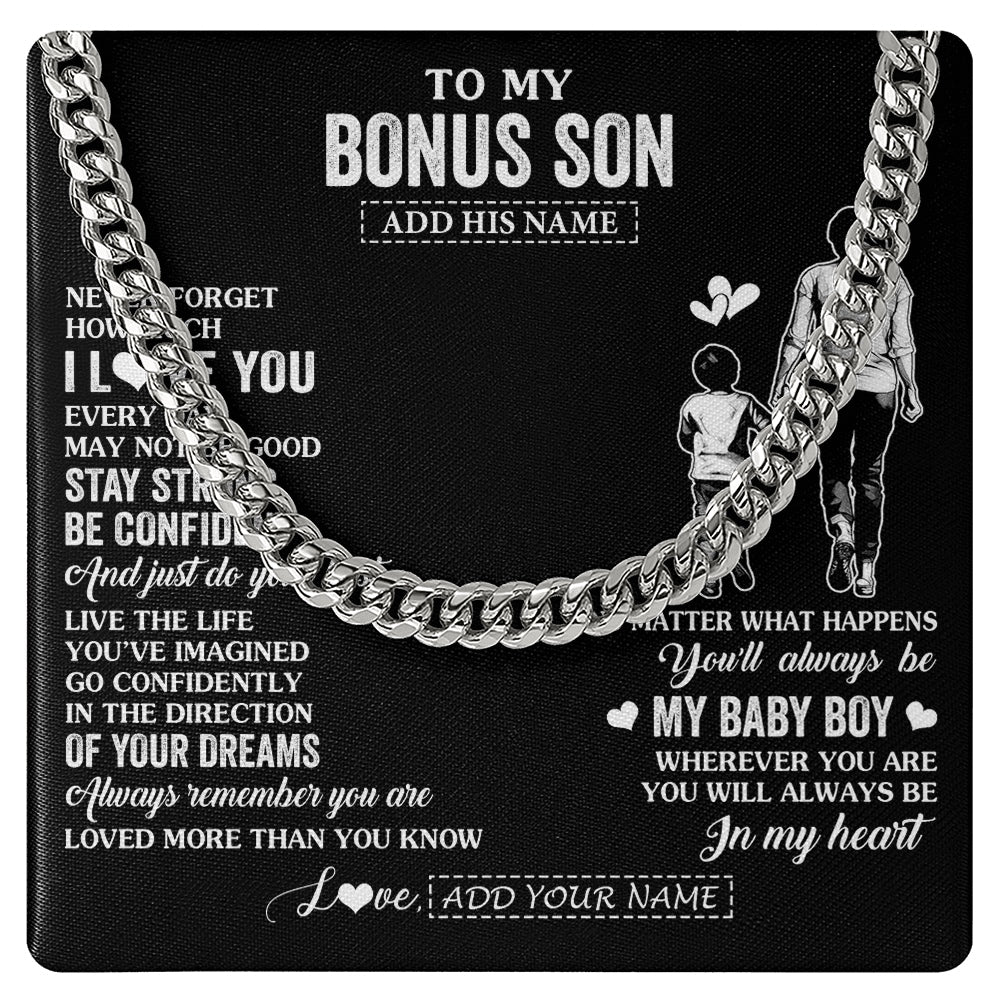 Cuban Link Chain Necklace Stainless Steel | 1 | Personalized To My Bonus Son Gifts From Stepmother Necklace Never Forget How Much I Love You Stepson Birthday Graduation Christmas Custom Gift Box Message Card | https://teecentury.