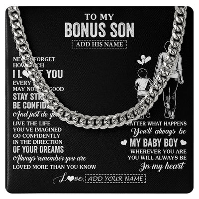 Cuban Link Chain Necklace Stainless Steel | 1 | Personalized To My Bonus Son Gifts From Stepmother Necklace Never Forget How Much I Love You Stepson Birthday Graduation Christmas Custom Gift Box Message Card | https://teecentury.