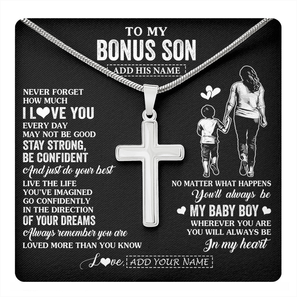 Stainless Cross Necklace Stainless Steel | 1 | Personalized To My Bonus Son Gifts From Stepmother Necklace Never Forget How Much I Love You Stepson Birthday Graduation Christmas Custom Gift Box Message Card | https://teecentury.