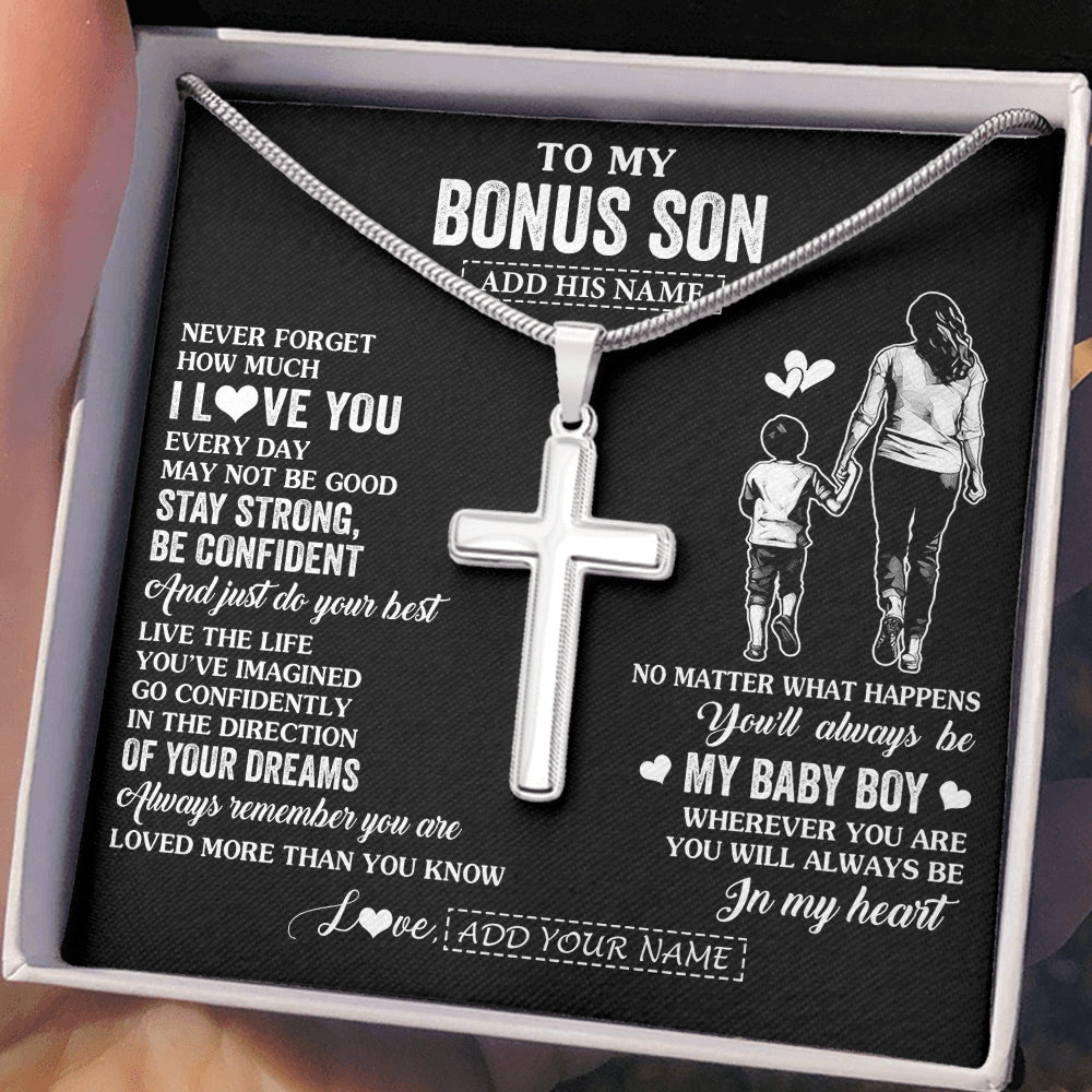 Stainless Cross Necklace Stainless Steel | 2 | Personalized To My Bonus Son Gifts From Stepmother Necklace Never Forget How Much I Love You Stepson Birthday Graduation Christmas Custom Gift Box Message Card | https://teecentury.