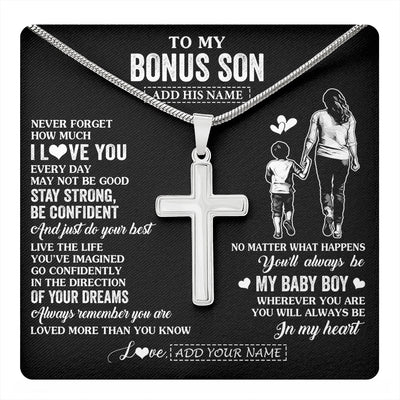 Stainless Cross Necklace Stainless Steel | 1 | Personalized To My Bonus Son Gifts From Stepmother Necklace Never Forget How Much I Love You Stepson Birthday Graduation Christmas Custom Gift Box Message Card | https://teecentury.