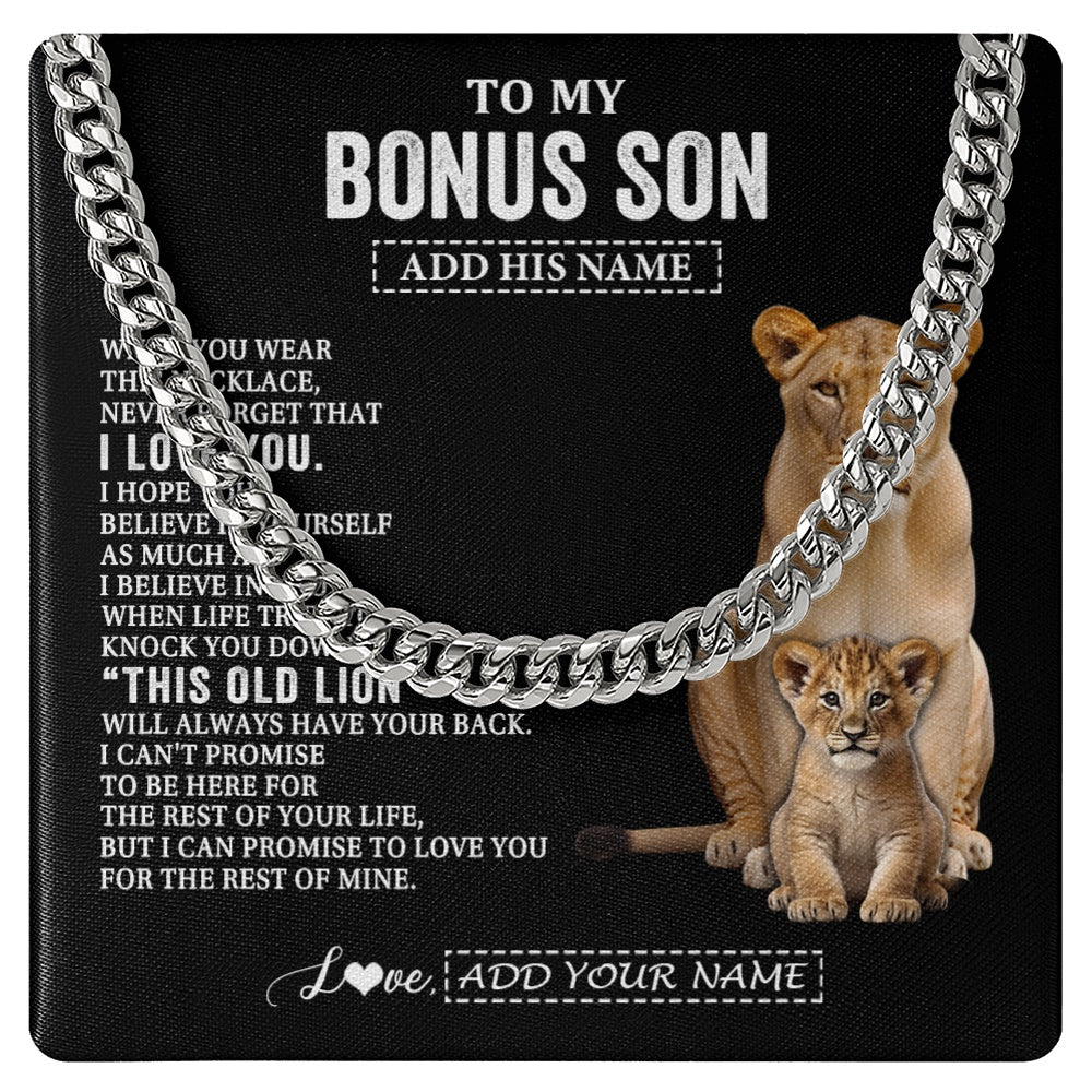 Cuban Link Chain Necklace Stainless Steel | 1 | Personalized To My Bonus Son Gifts From Stepmother Necklace This Old Lion Love You Stepson Birthday Gifts Graduation Christmas Customized Gift Box Message Card | https://teecentury.