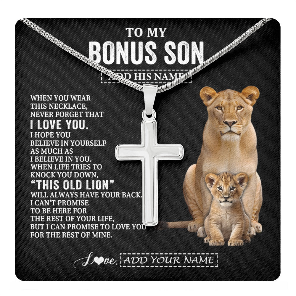 Stainless Cross Necklace Stainless Steel | 1 | Personalized To My Bonus Son Gifts From Stepmother Necklace This Old Lion Love You Stepson Birthday Gifts Graduation Christmas Customized Gift Box Message Card | https://teecentury.
