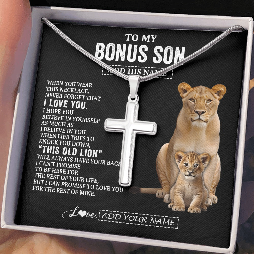 Stainless Cross Necklace Stainless Steel | 2 | Personalized To My Bonus Son Gifts From Stepmother Necklace This Old Lion Love You Stepson Birthday Gifts Graduation Christmas Customized Gift Box Message Card | https://teecentury.