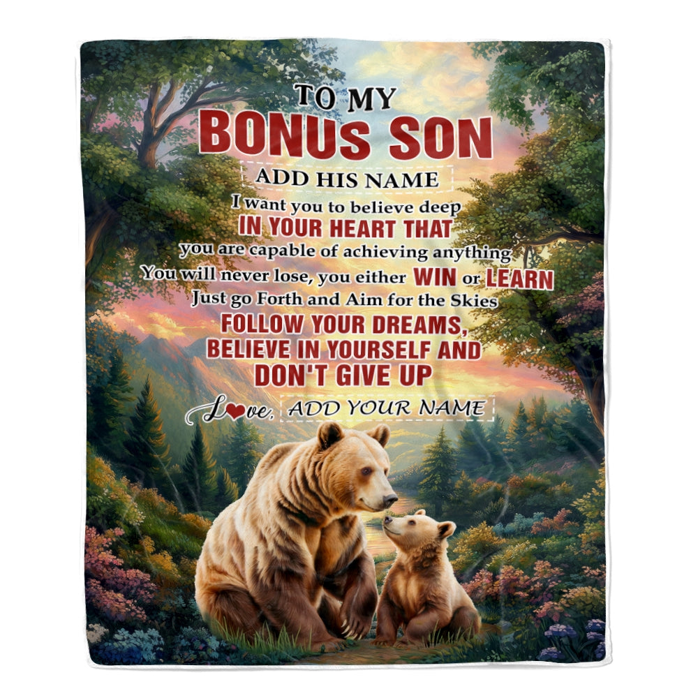 Personalized To My Bonus Son Gifts From Stepmother Stepdad Blanket Don't Give Up Bear Gifts For Stepson Birthday Graduation Christmas Customized Fleece Blanket | teecentury