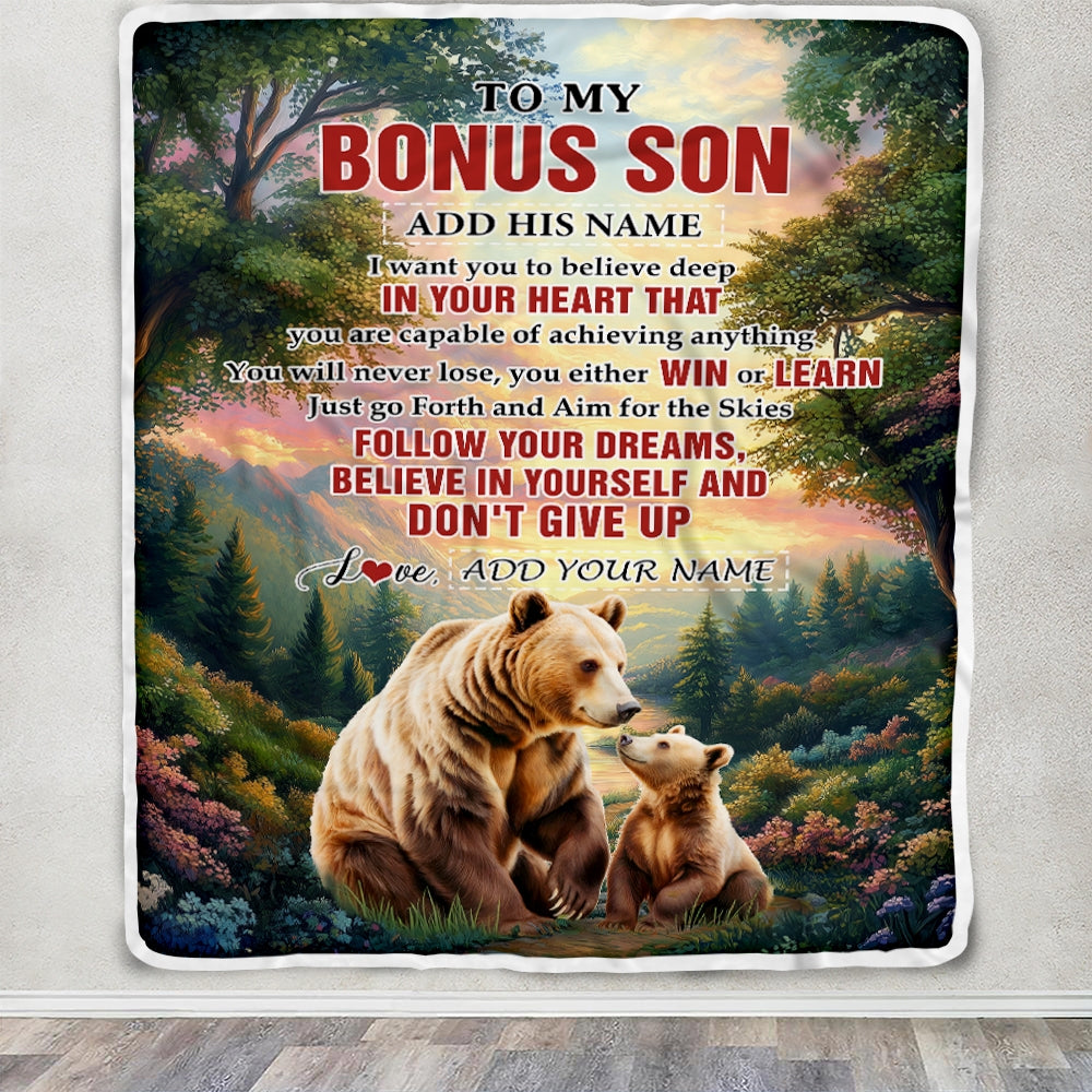 Personalized To My Bonus Son Gifts From Stepmother Stepdad Blanket Don't Give Up Bear Gifts For Stepson Birthday Graduation Christmas Customized Fleece Blanket | teecentury
