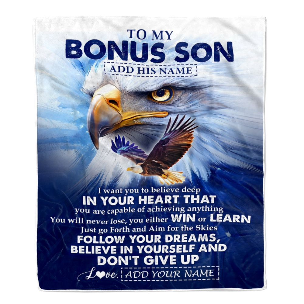 Personalized To My Bonus Son Gifts From Stepmother Stepdad Blanket Don't Give Up Eagle Gifts For Stepson Birthday Graduation Christmas Custom Fleece Blanket | teecentury