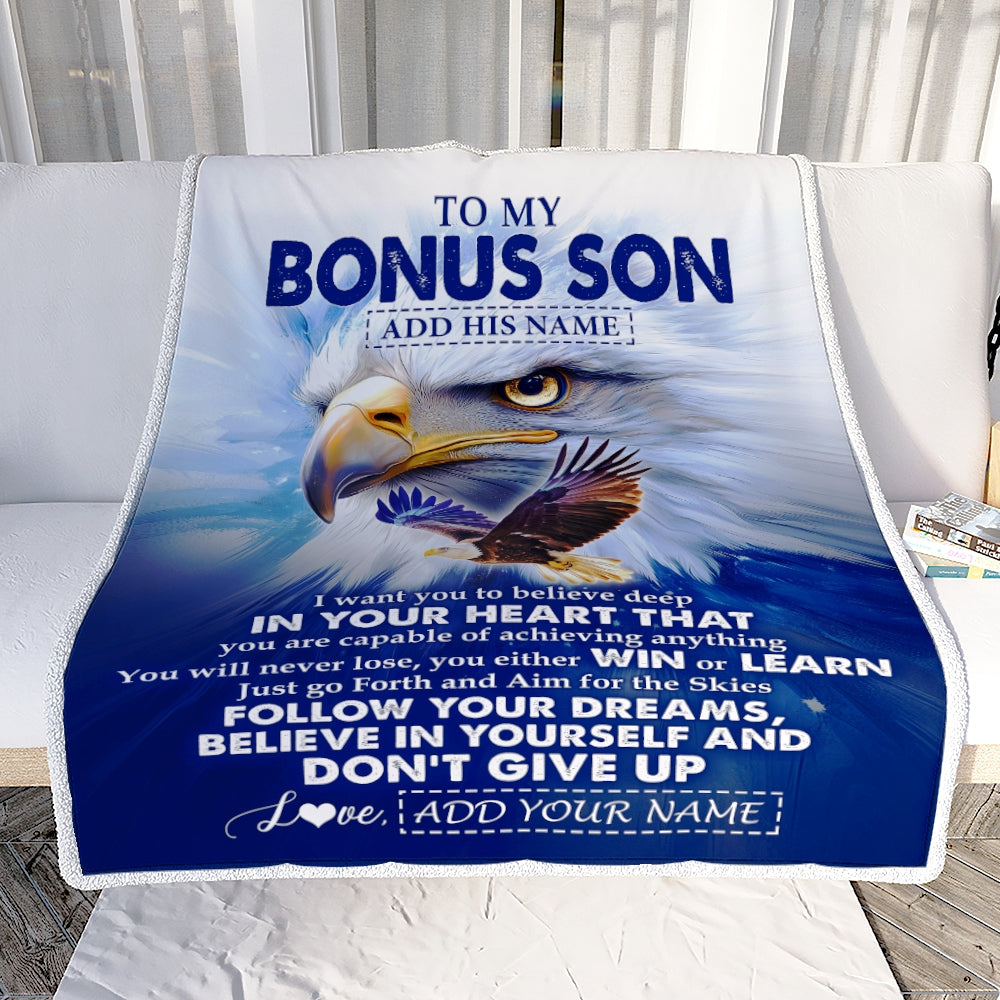 Personalized To My Bonus Son Gifts From Stepmother Stepdad Blanket Don't Give Up Eagle Gifts For Stepson Birthday Graduation Christmas Custom Fleece Blanket | teecentury