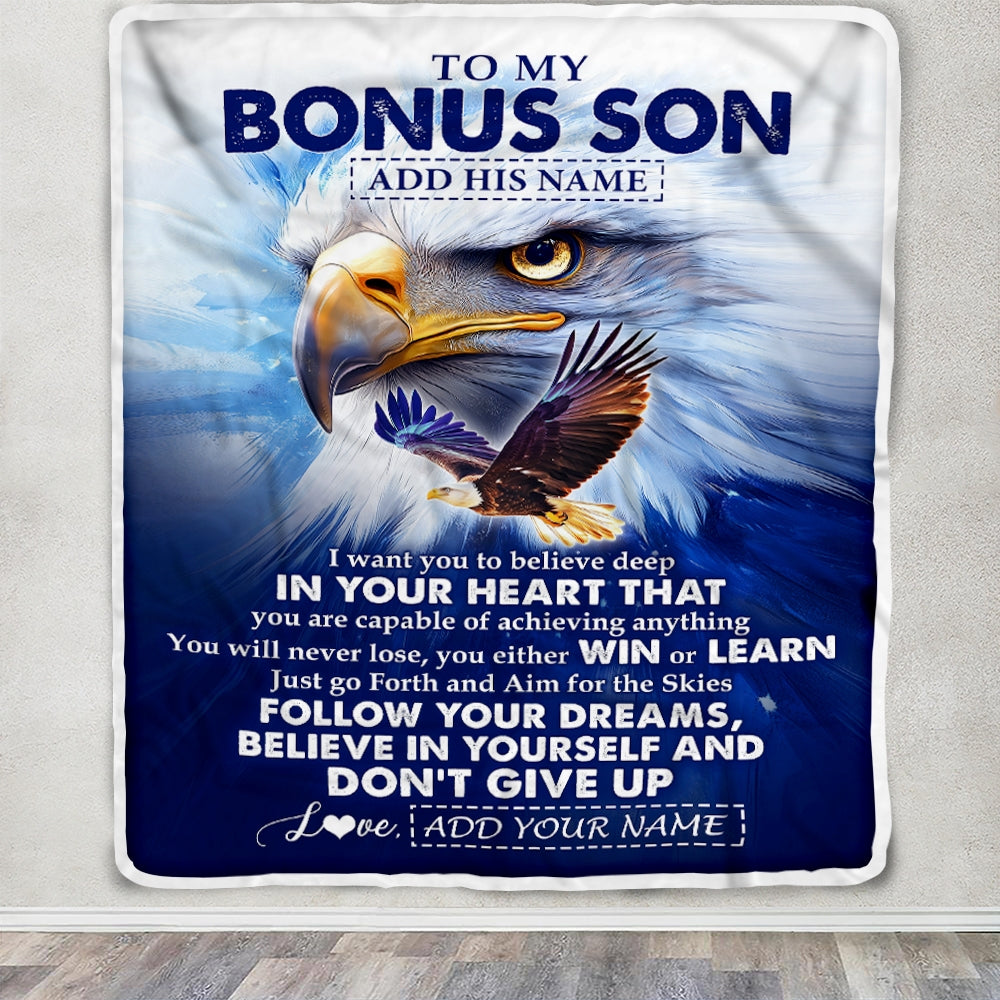 Personalized To My Bonus Son Gifts From Stepmother Stepdad Blanket Don't Give Up Eagle Gifts For Stepson Birthday Graduation Christmas Custom Fleece Blanket | teecentury