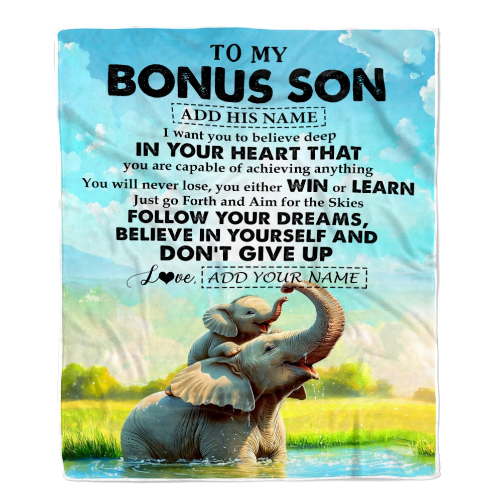 Personalized To My Bonus Son Gifts From Stepmother Stepdad Blanket Don't Give Up Elephant Gifts For Stepson Birthday Graduation Christmas Fleece Blanket | teecentury
