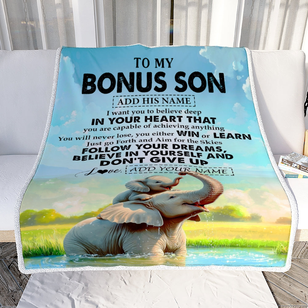 Personalized To My Bonus Son Gifts From Stepmother Stepdad Blanket Don't Give Up Elephant Gifts For Stepson Birthday Graduation Christmas Fleece Blanket | teecentury