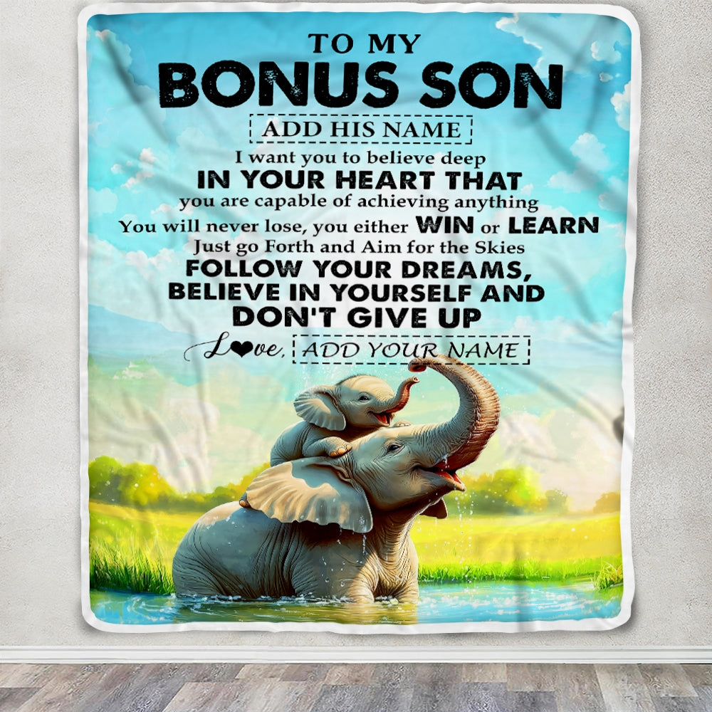 Personalized To My Bonus Son Gifts From Stepmother Stepdad Blanket Don't Give Up Elephant Gifts For Stepson Birthday Graduation Christmas Fleece Blanket | teecentury