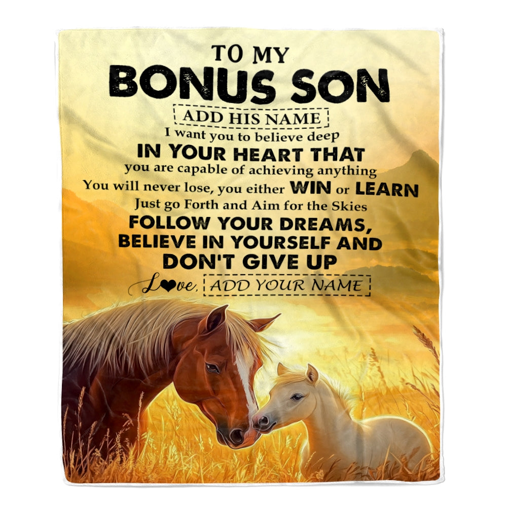 Personalized To My Bonus Son Gifts From Stepmother Stepdad Blanket Don't Give Up Horse Gifts For Stepson Birthday Graduation Christmas Custom Fleece Blanket | teecentury