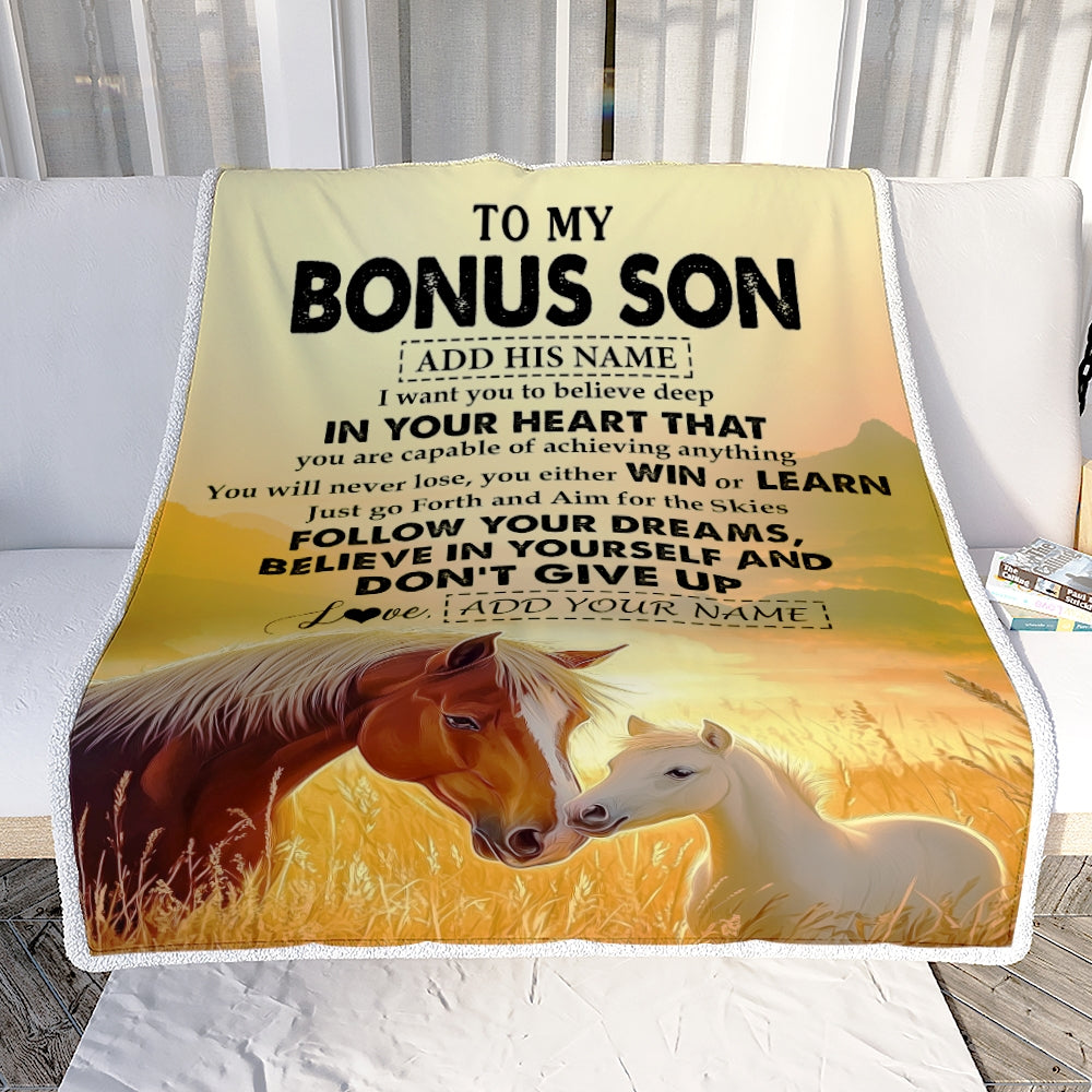 Personalized To My Bonus Son Gifts From Stepmother Stepdad Blanket Don't Give Up Horse Gifts For Stepson Birthday Graduation Christmas Custom Fleece Blanket | teecentury