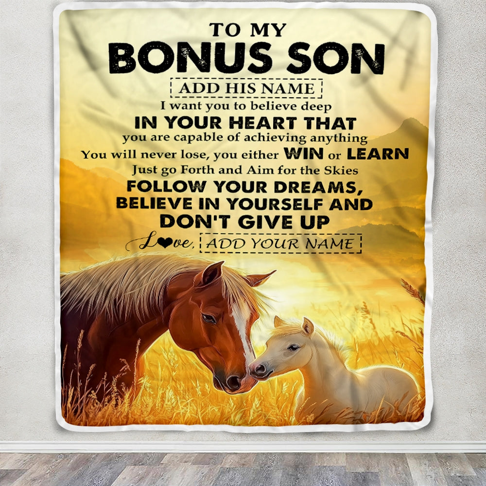 Personalized To My Bonus Son Gifts From Stepmother Stepdad Blanket Don't Give Up Horse Gifts For Stepson Birthday Graduation Christmas Custom Fleece Blanket | teecentury