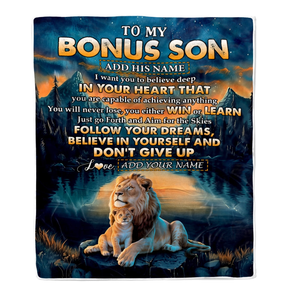 Personalized To My Bonus Son Gifts From Stepmother Stepdad Blanket Don't Give Up Lion Gifts For Stepson Birthday Graduation Christmas Customized Fleece Blanket | teecentury