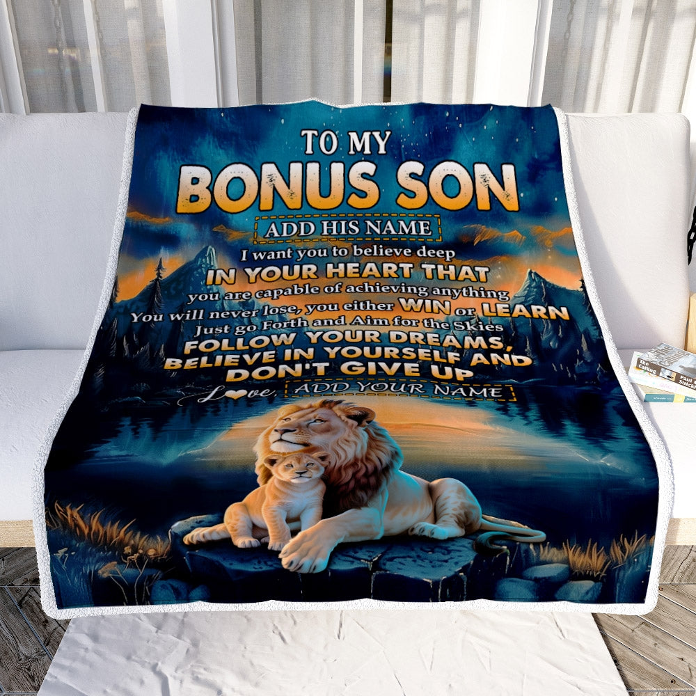 Personalized To My Bonus Son Gifts From Stepmother Stepdad Blanket Don't Give Up Lion Gifts For Stepson Birthday Graduation Christmas Customized Fleece Blanket | teecentury