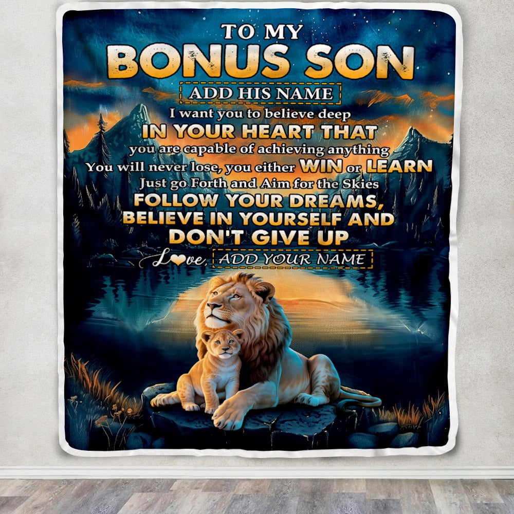 Personalized To My Bonus Son Gifts From Stepmother Stepdad Blanket Don't Give Up Lion Gifts For Stepson Birthday Graduation Christmas Customized Fleece Blanket | teecentury