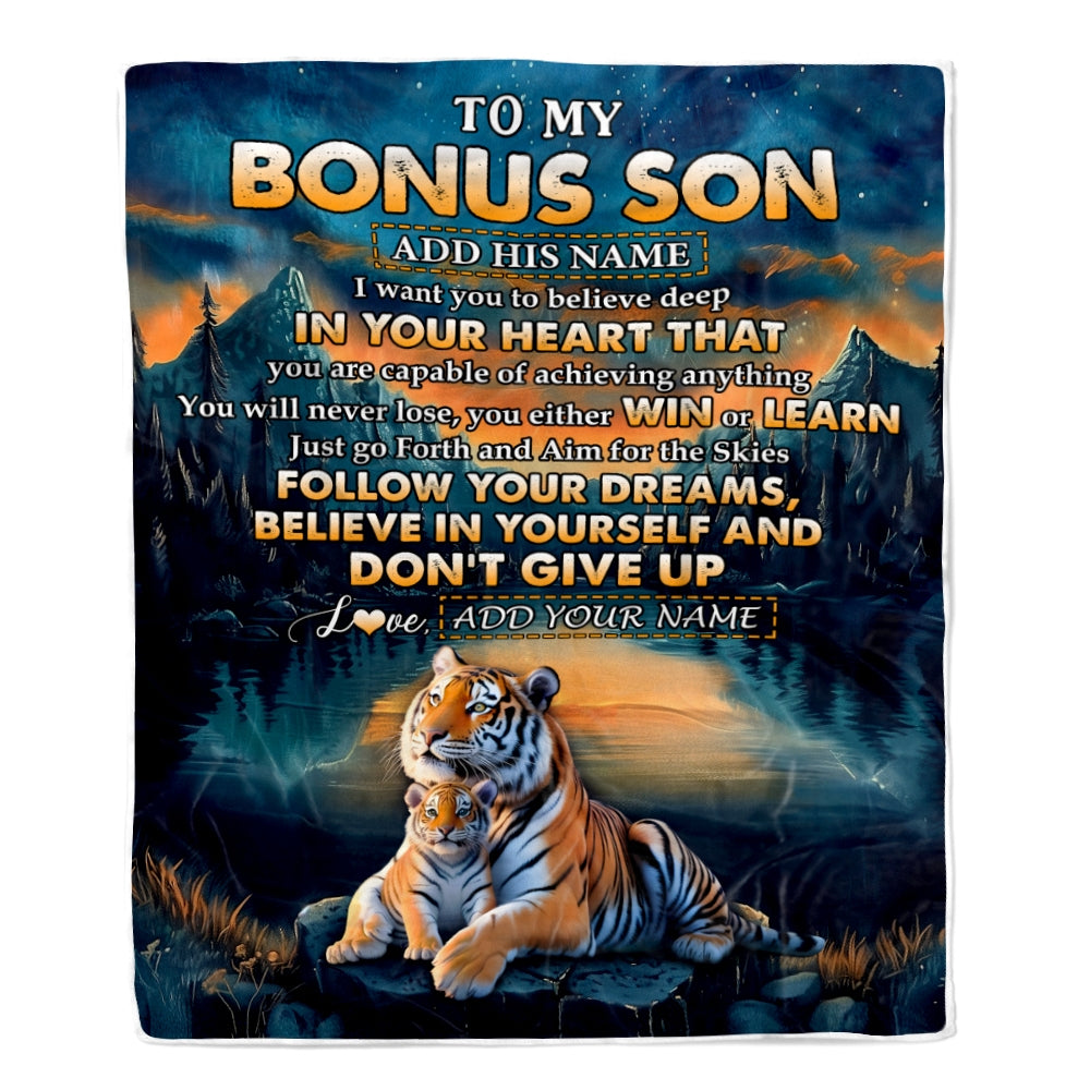 Personalized To My Bonus Son Gifts From Stepmother Stepdad Blanket Don't Give Up Tiger Gifts For Stepson Birthday Graduation Christmas Custom Fleece Blanket | teecentury