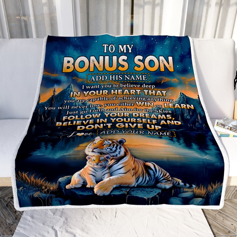 Personalized To My Bonus Son Gifts From Stepmother Stepdad Blanket Don't Give Up Tiger Gifts For Stepson Birthday Graduation Christmas Custom Fleece Blanket | teecentury