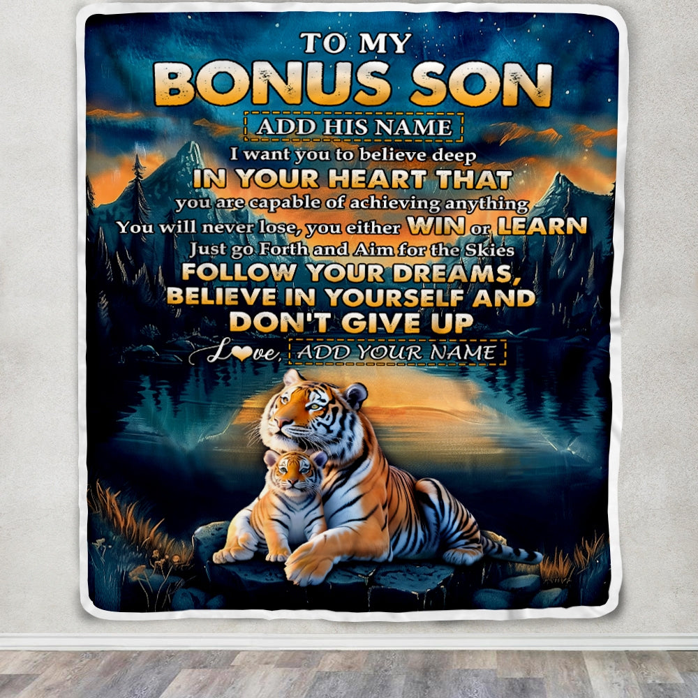 Personalized To My Bonus Son Gifts From Stepmother Stepdad Blanket Don't Give Up Tiger Gifts For Stepson Birthday Graduation Christmas Custom Fleece Blanket | teecentury