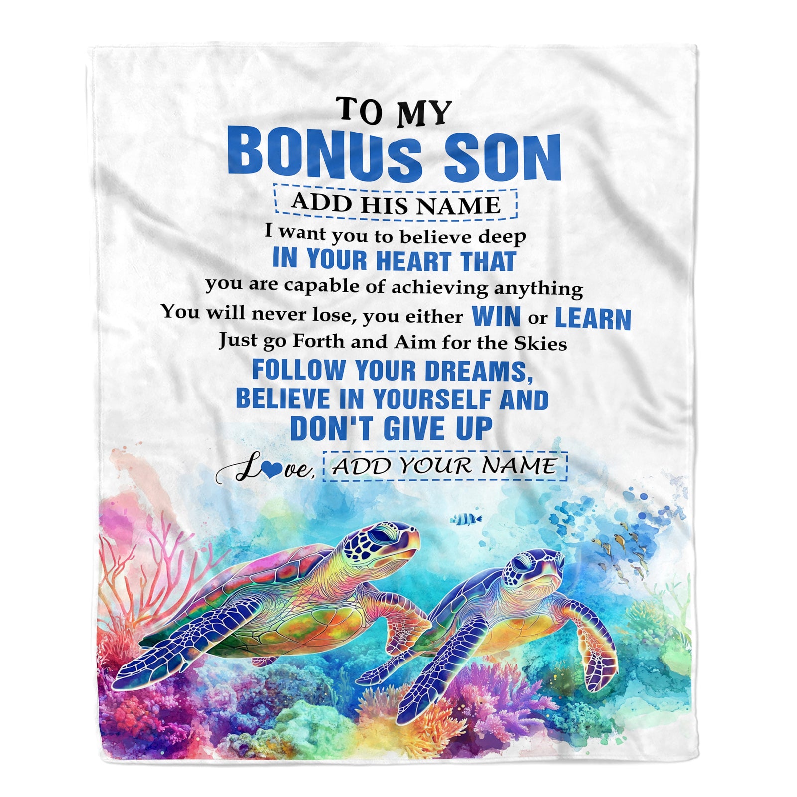 Personalized To My Bonus Son Gifts From Stepmother Stepdad Blanket Don't Give Up Turtle Gifts For Stepson Birthday Graduation Christmas Custom Fleece Blanket | teecentury