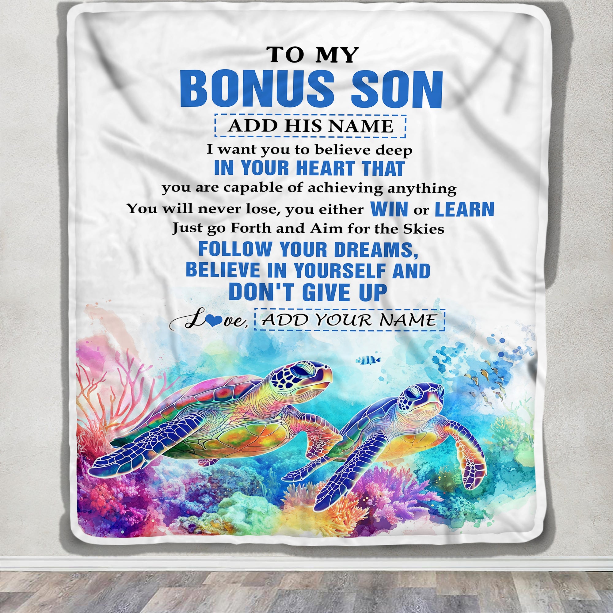 Personalized To My Bonus Son Gifts From Stepmother Stepdad Blanket Don't Give Up Turtle Gifts For Stepson Birthday Graduation Christmas Custom Fleece Blanket | teecentury