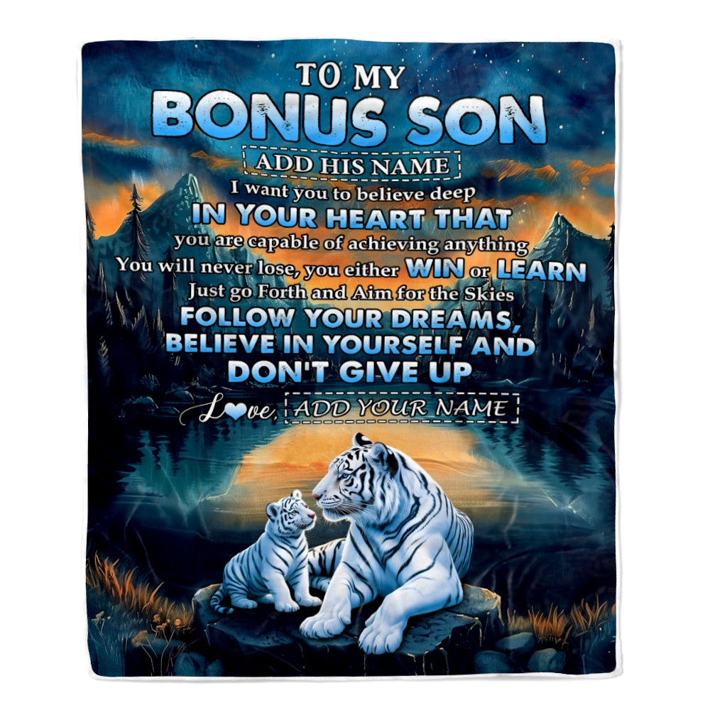 Personalized To My Bonus Son Gifts From Stepmother Stepdad Blanket Don't Give Up White Tiger Gifts For Stepson Birthday Graduation Christmas Fleece Blanket | teecentury