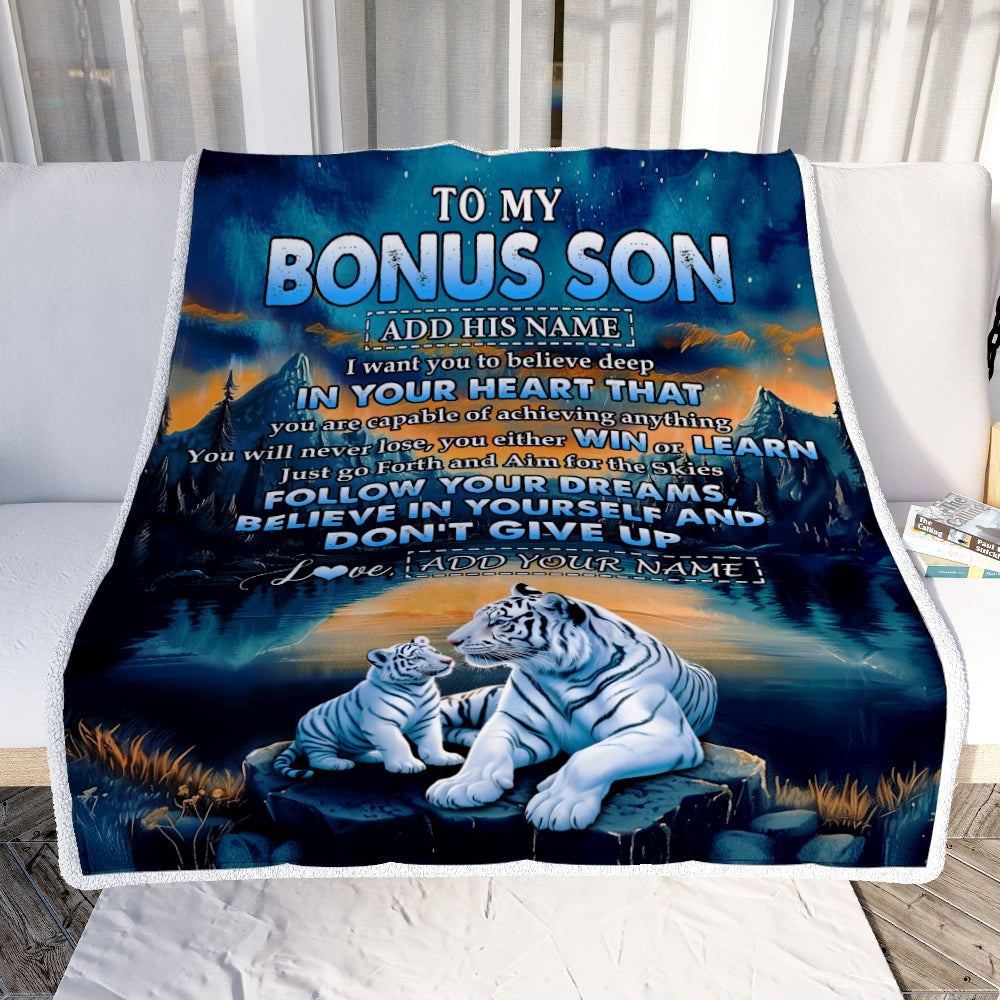 Personalized To My Bonus Son Gifts From Stepmother Stepdad Blanket Don't Give Up White Tiger Gifts For Stepson Birthday Graduation Christmas Fleece Blanket | teecentury