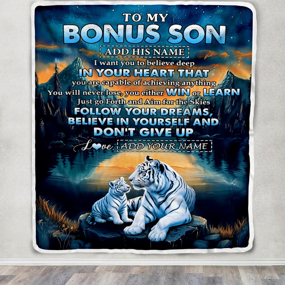 Personalized To My Bonus Son Gifts From Stepmother Stepdad Blanket Don't Give Up White Tiger Gifts For Stepson Birthday Graduation Christmas Fleece Blanket | teecentury