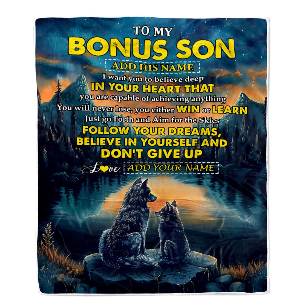 Personalized To My Bonus Son Gifts From Stepmother Stepdad Blanket Don't Give Up Wolf Gifts For Stepson Birthday Graduation Christmas Customized Fleece Blanket | teecentury
